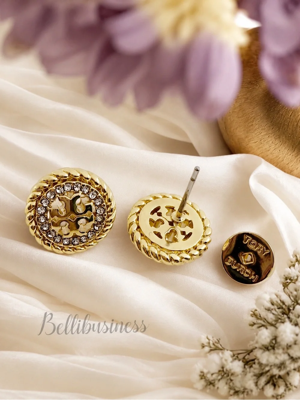 Tory Burch Miller Rope Gold Crystals Stud Earrings.